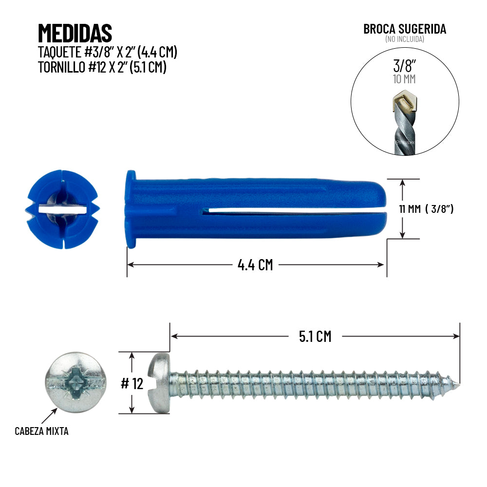 Taquete Y Tornillo Para Contreto Y Tabique No 12 X 2 (51 Mm) 100 Piezas