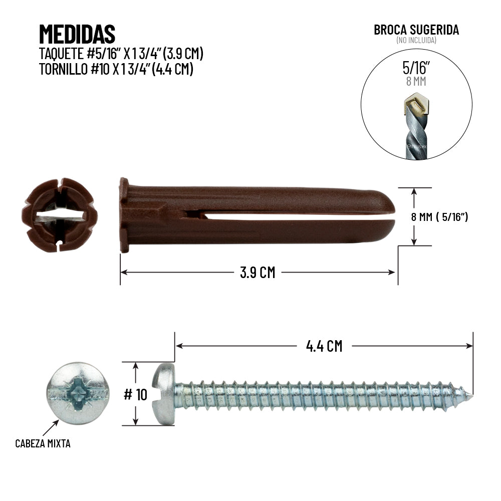 Taquete Y Tornillo Para Contreto Y Tabique No 10 X 1 3/4 (44 Mm) 100 Piezas