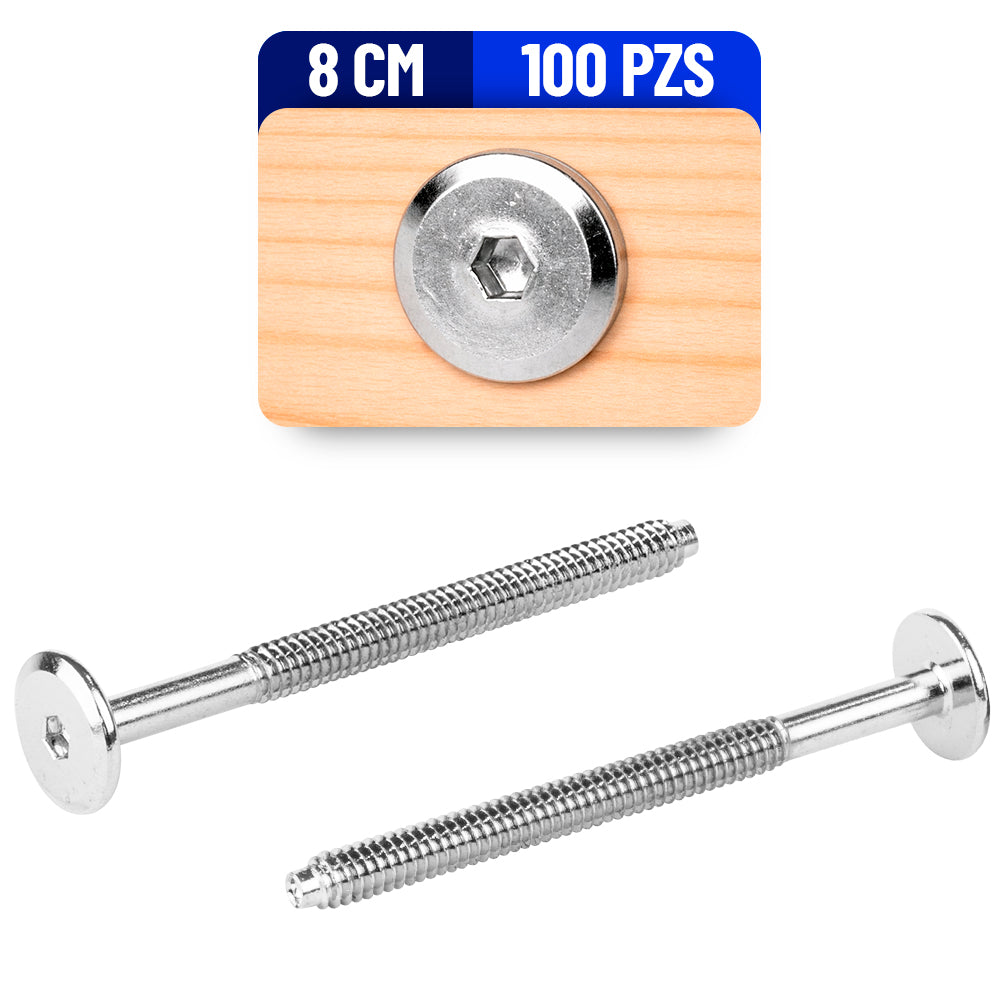 Tornillo Conector Union para Muebles 8 Cm Rosca 1/4 Niquelado 100 Pack