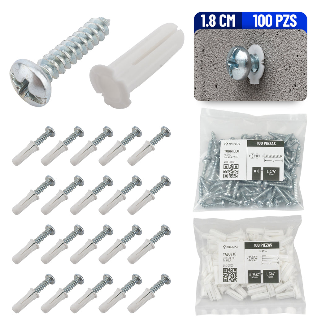 Taquete Y Tornillo Para Contreto Y Tabique No 8 X 3/4 (18 Mm) 100 Piezas