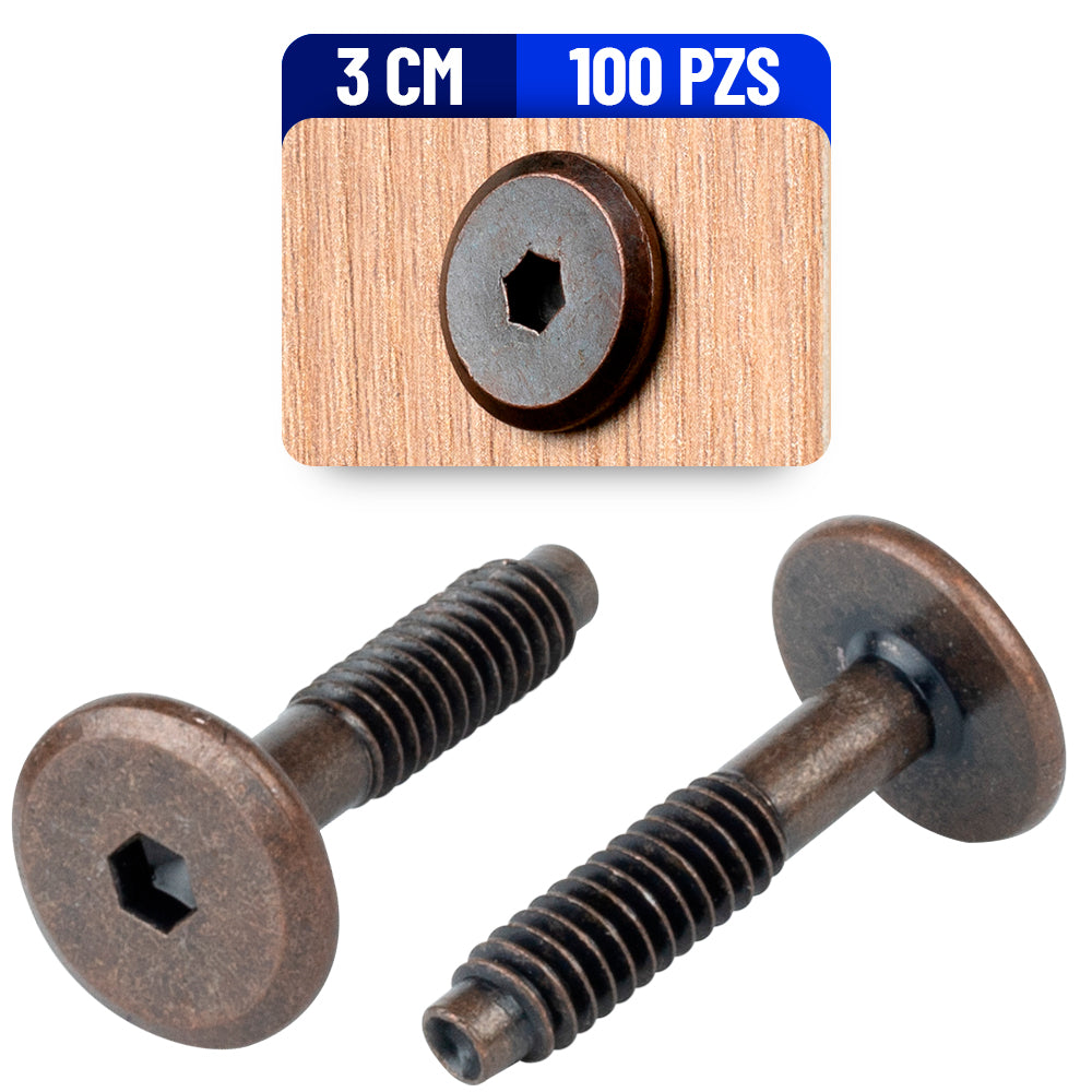 Tornillo Conector Union para Muebles 3 Cm Rosca 1/4 Bronce 100 Pack