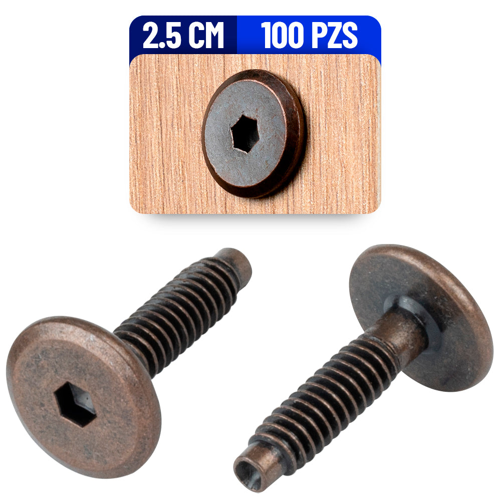 Tornillo Conector Union para Muebles 2.5 Cm Rosca 1/4 Bronce 100 Pack
