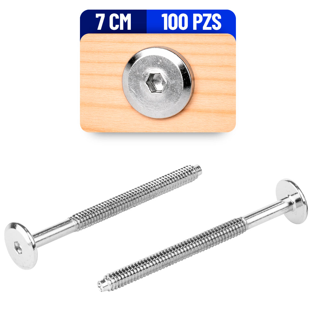 Tornillo Conector Union para Muebles 7 Cm Rosca 1/4 Niquelado 100 Pack