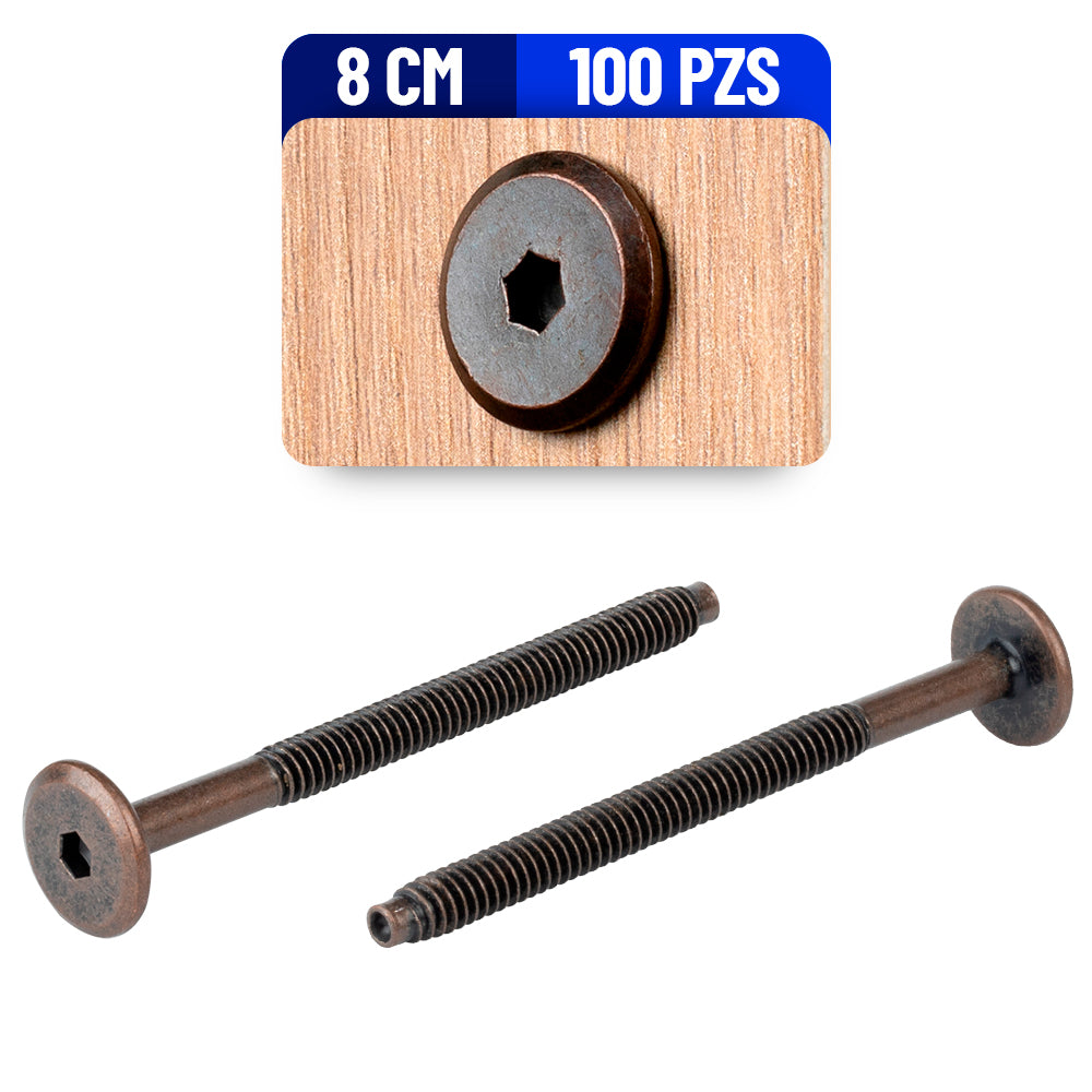 Tornillo Conector Union para Muebles 8 Cm Rosca 1/4 Bronce 100 Pack