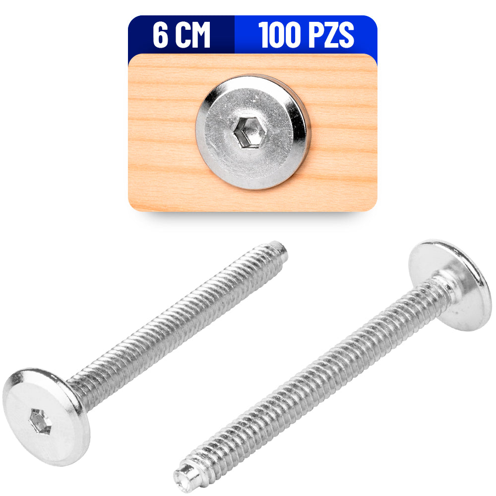 Tornillo Conector Union para Muebles 6 Cm Rosca 1/4 Niquelado 100 Pack
