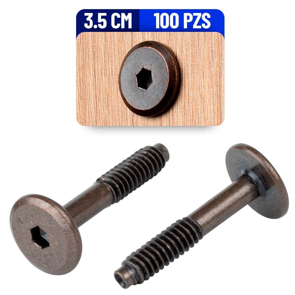 Tornillo Conector Union para Muebles 3.5 Cm Rosca 1/4 Bronce 100 Pack