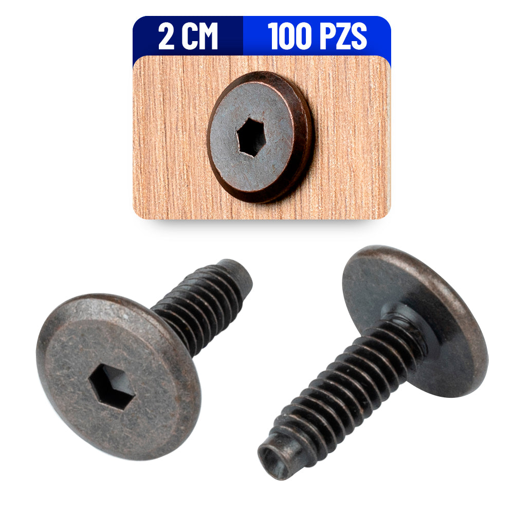 Tornillo Conector Union para Muebles 2 Cm Rosca 1/4 Bronce 100 Pack