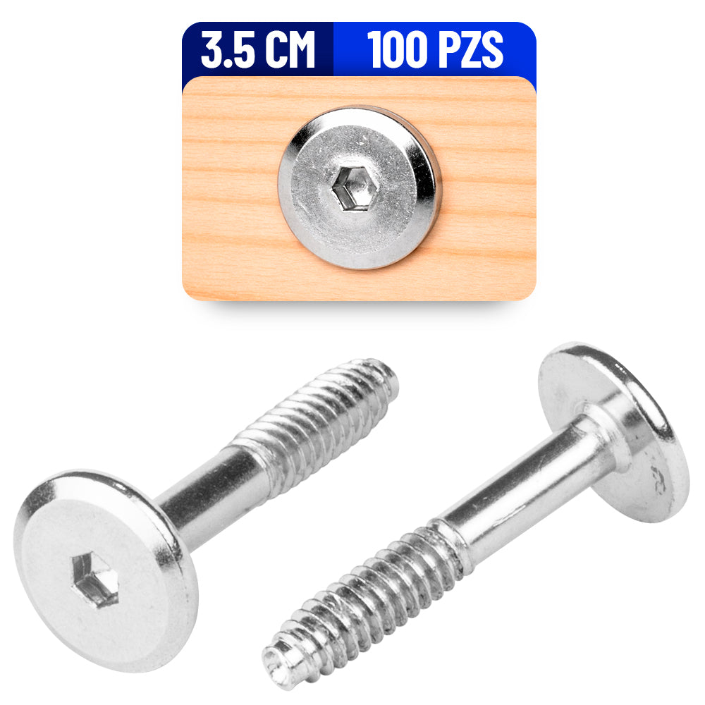 Tornillo Conector Union para Muebles 3.5 Cm Rosca 1/4 Niquelado 100 Pack