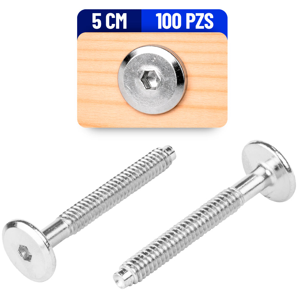 Tornillo Conector Union para Muebles 5 Cm Rosca 1/4 Niquelado 100 Pack
