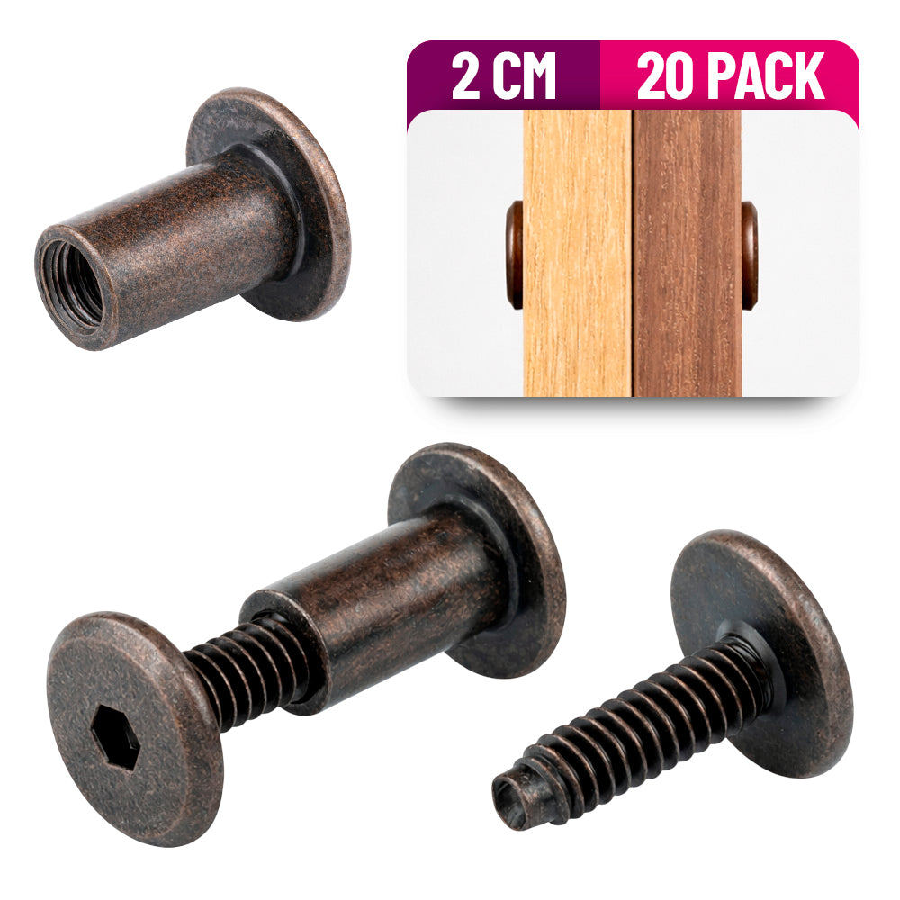 Tornillo Conector para Muebles 2 Cm con Tuerca Union 20 Pack Bronce