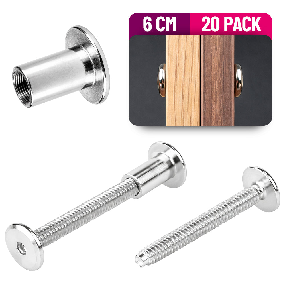 Tornillo Conector para Muebles 6 Cm con Tuerca Union 20 Pack