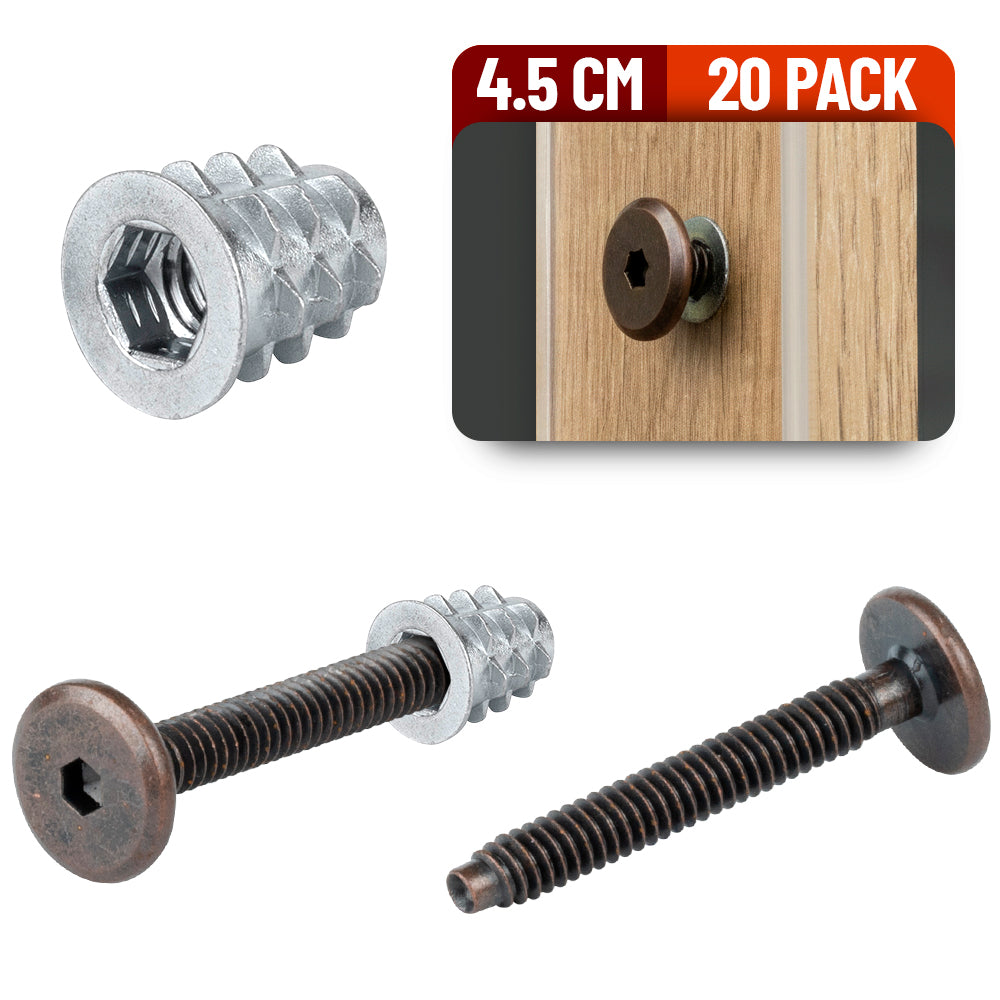 Tornillo Conector Union Bronce para Muebles 4.5 Cm con Inserto para Madera 20 Pack
