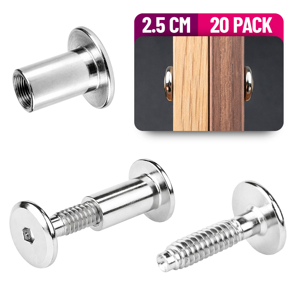 Tornillo Conector para Muebles 2.5 Cm con Tuerca Union 20 Pack