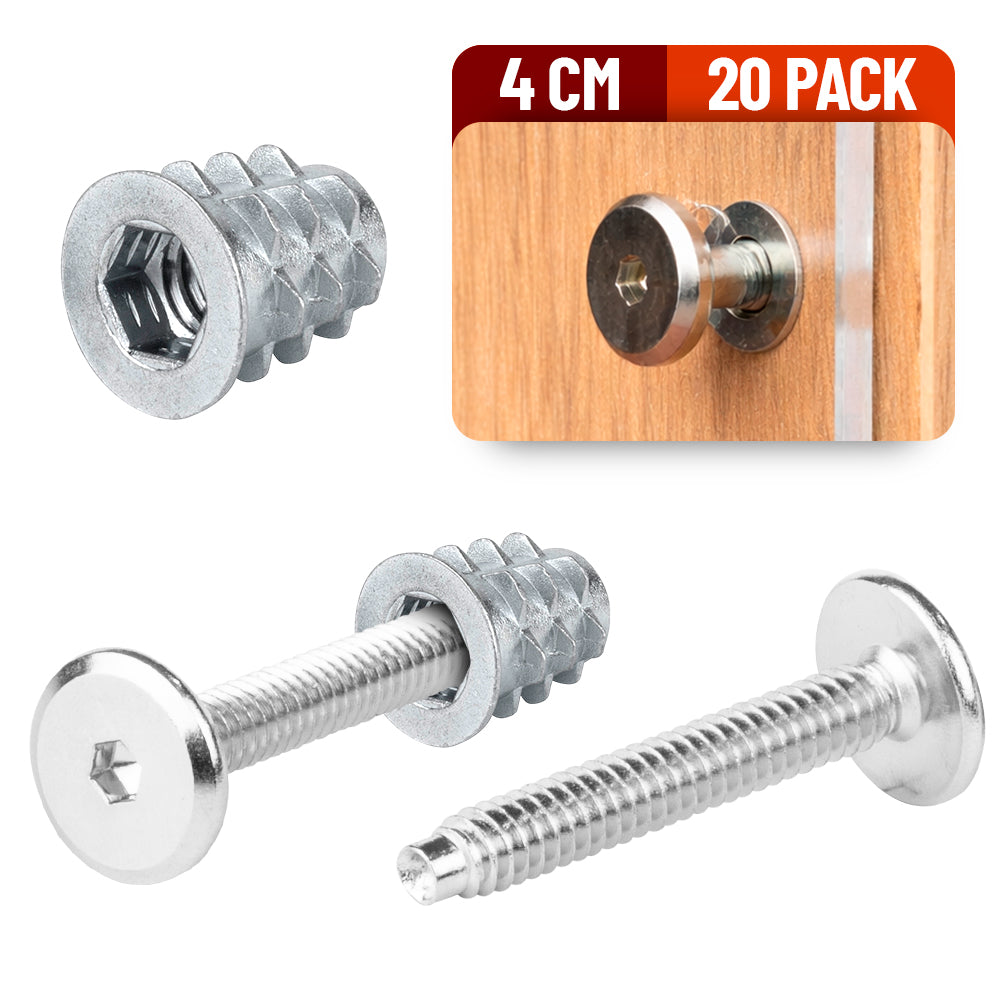 Tornillo Conector Union para Muebles 4 Cm con Inserto para Madera 20 Pack