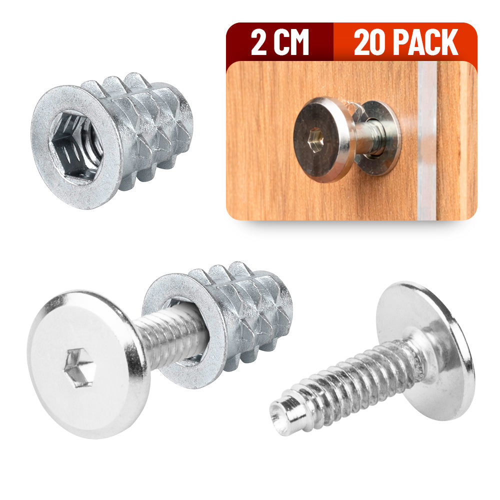 Tornillo Conector Union para Muebles 2 Cm con Inserto para Madera 20 Pack