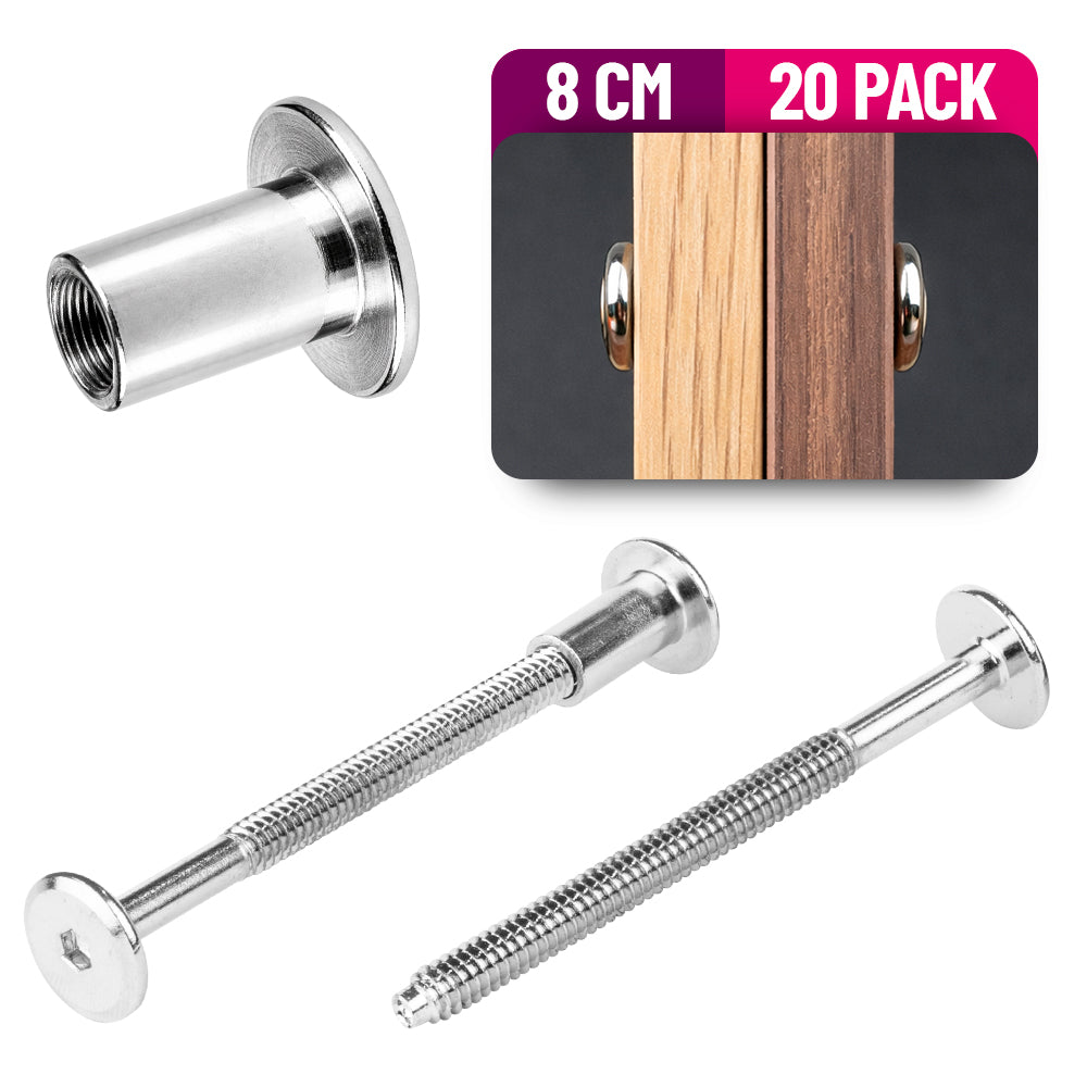 Tornillo Conector para Muebles 8 Cm con Tuerca Union 20 Pack