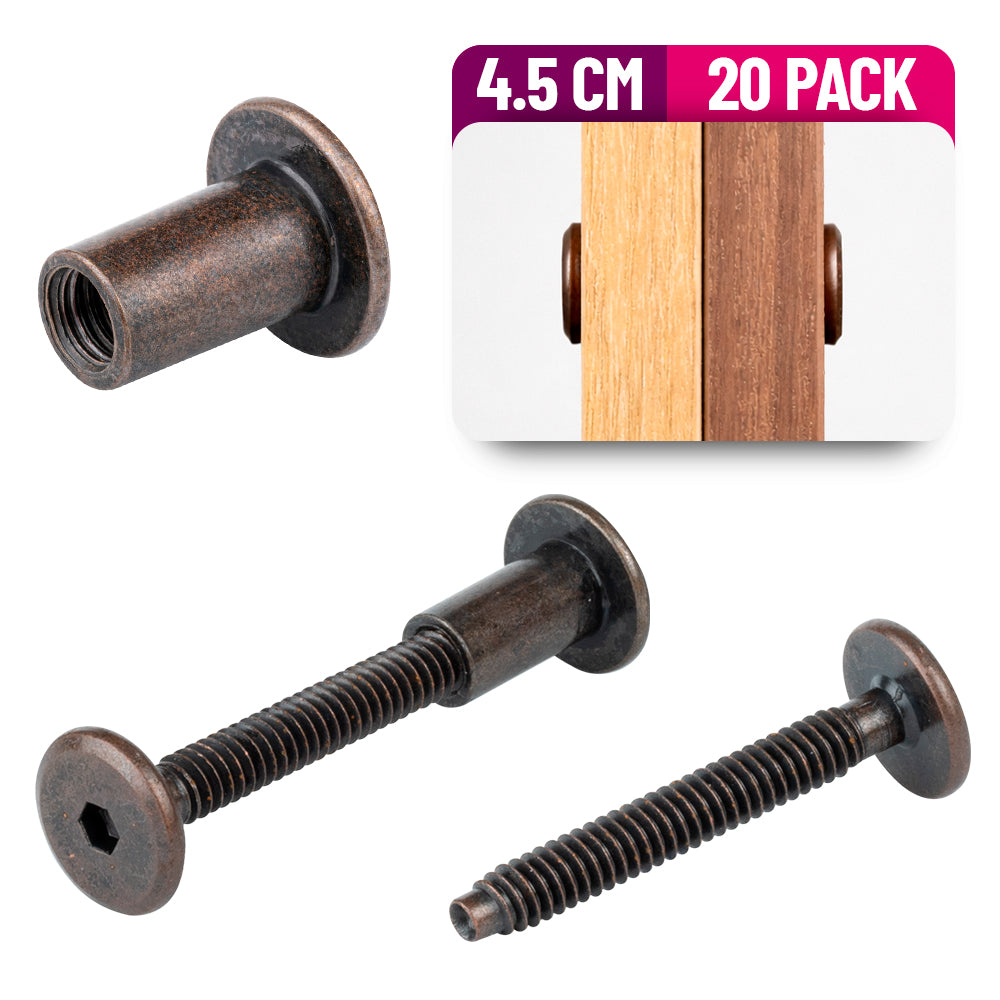 Tornillo Conector para Muebles 4.5 Cm con Tuerca Union 20 Pack Bronce