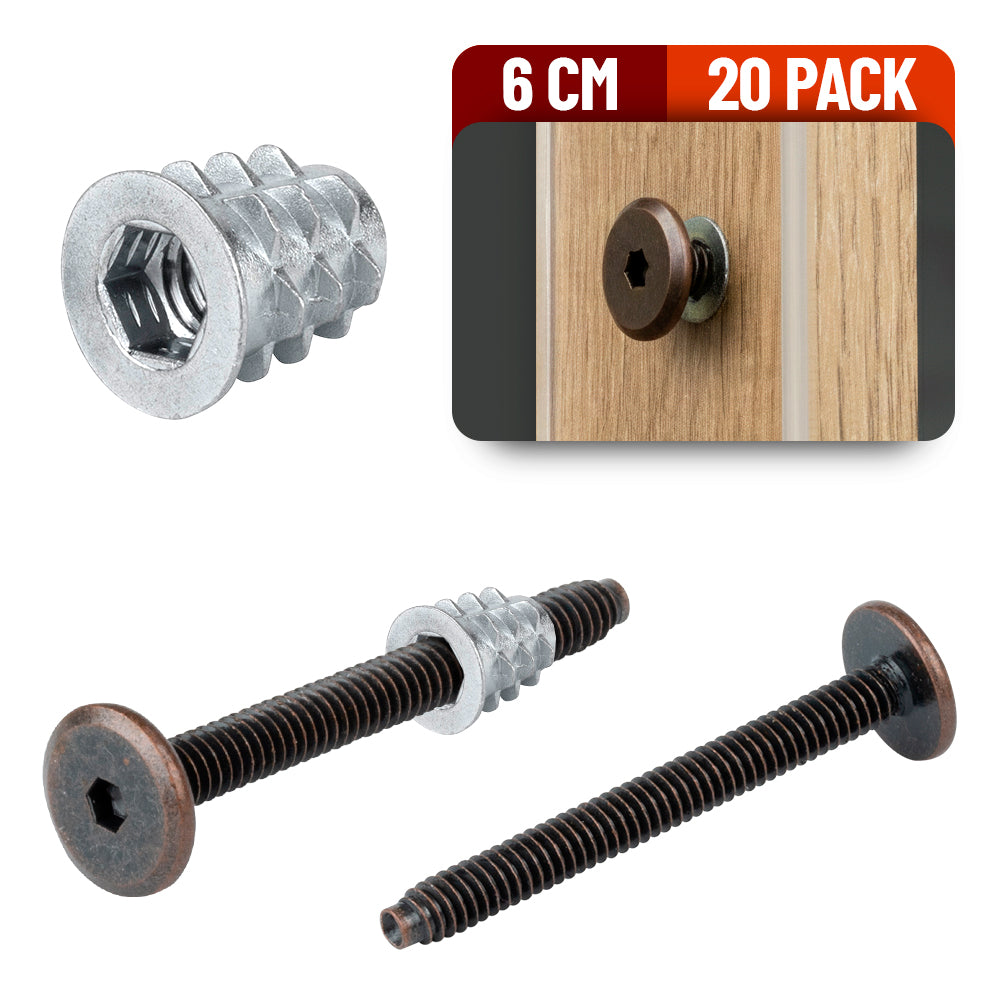 Tornillo Conector Union Bronce para Muebles 6 Cm con Inserto para Madera 20 Pack