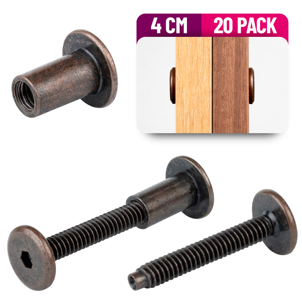Tornillo Conector para Muebles 4 Cm con Tuerca Union 20 Pack Bronce