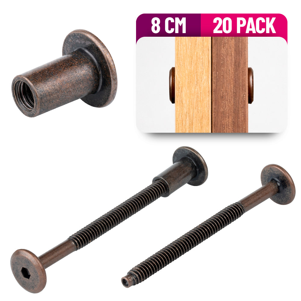 Tornillo Conector para Muebles 8 Cm con Tuerca Union 20 Pack Bronce