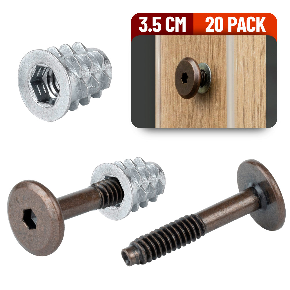 Tornillo Conector Union Bronce para Muebles 3.5 Cm con Inserto para Madera 20 Pack
