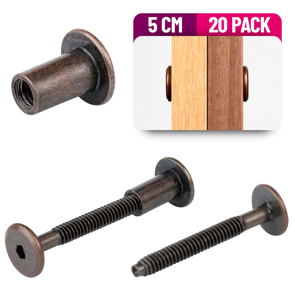 Tornillo Conector para Muebles 5 Cm con Tuerca Union 20 Pack Bronce