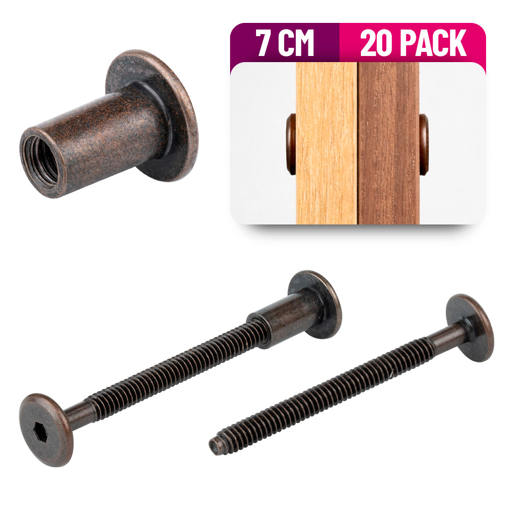 Tornillo Conector para Muebles 7 Cm con Tuerca Union 20 Pack Bronce
