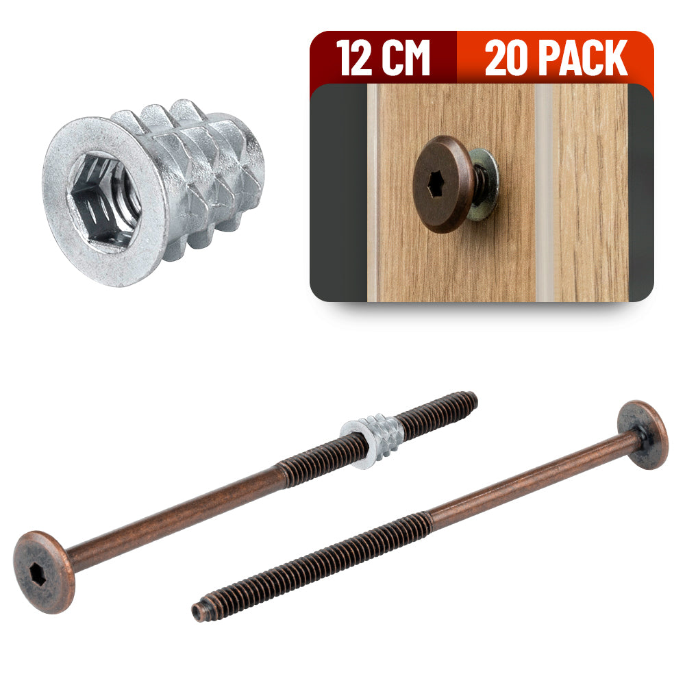 Tornillo Conector Union Bronce para Muebles 12 Cm con Inserto para Madera 20 Pack