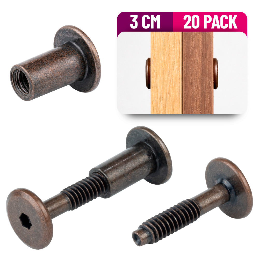Tornillo Conector para Muebles 3 Cm con Tuerca Union 20 Pack Bronce
