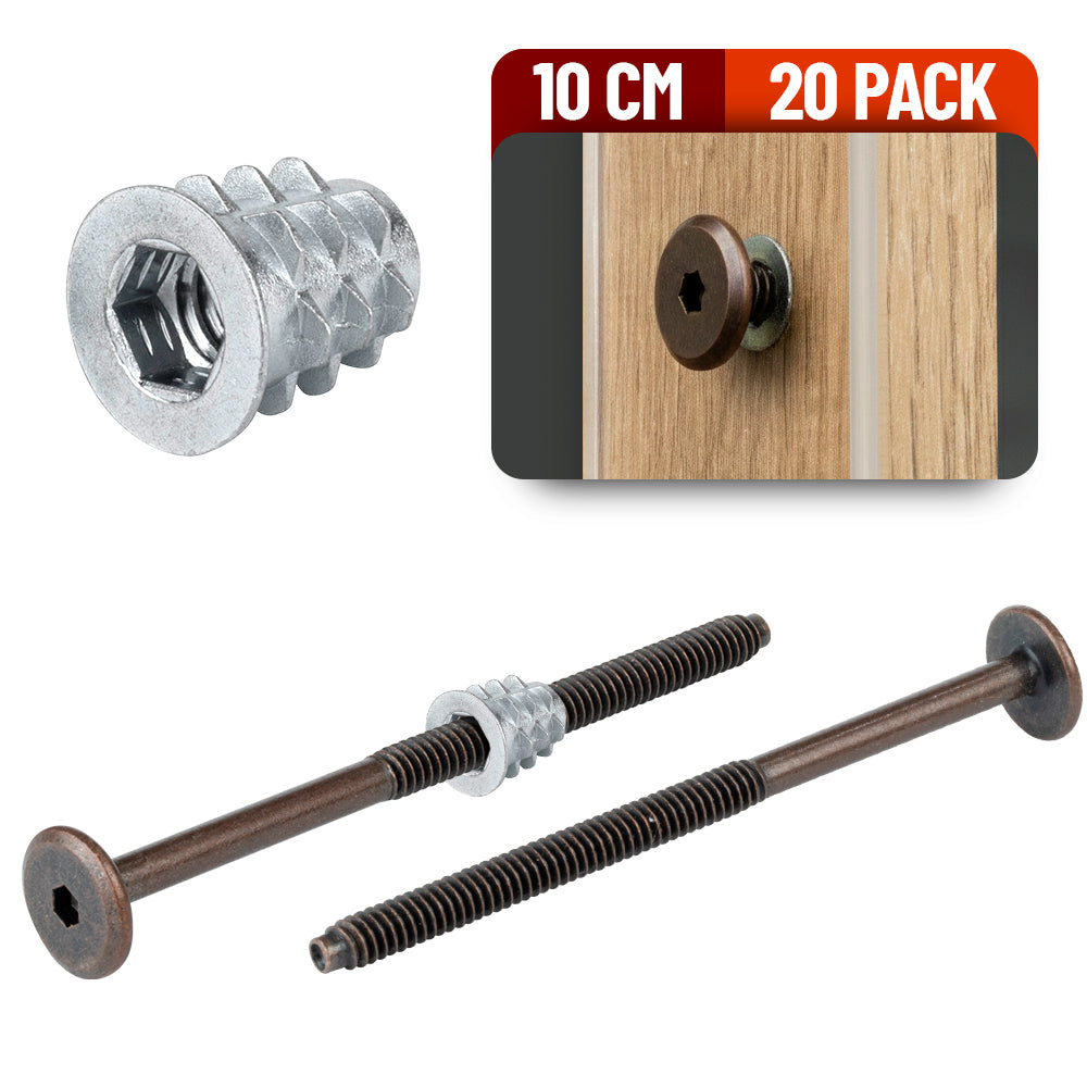 Tornillo Conector Union Bronce para Muebles 10 Cm con Inserto para Madera 20 Pack