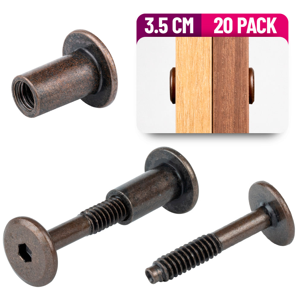 Tornillo Conector para Muebles 3.5 Cm con Tuerca Union 20 Pack Bronce
