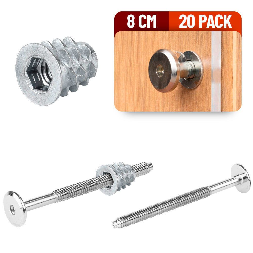 Tornillo Conector Union para Muebles 8 Cm con Inserto para Madera 20 Pack