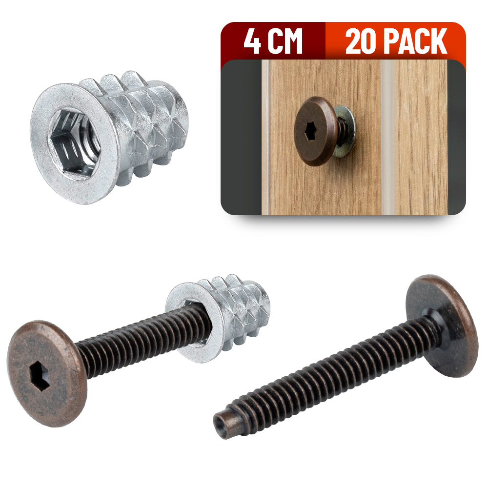 Tornillo Conector Union Bronce para Muebles 4 Cm con Inserto para Madera 20 Pack