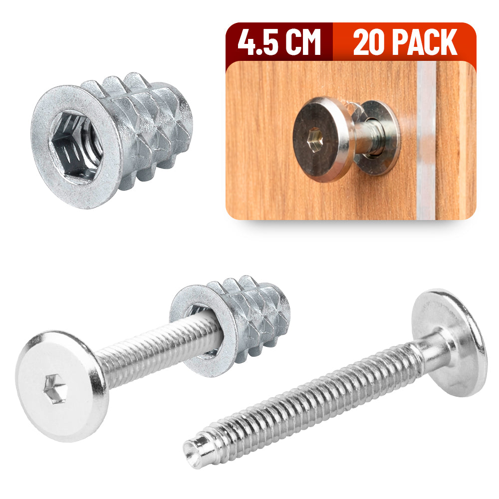 Tornillo Conector Union para Muebles 4.5 Cm con Inserto para Madera 20 Pack