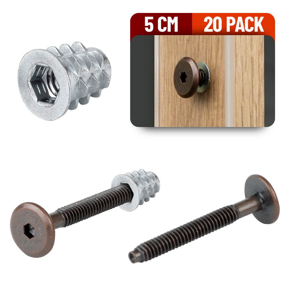 Tornillo Conector Union Bronce para Muebles 5 Cm con Inserto para Madera 20 Pack