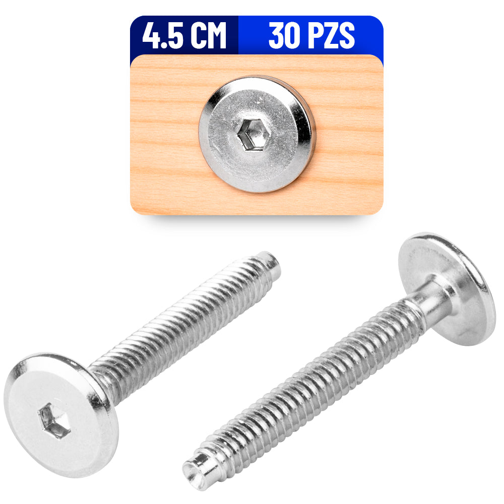 Tornillo Conector Union para Muebles 4.5 Cm Rosca 1/4 Niquelado 100 Pack