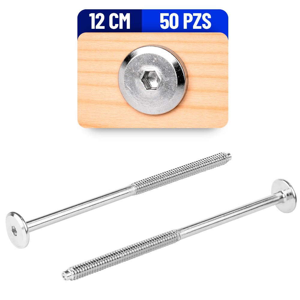 Tornillo Conector Union para Muebles 12 Cm Rosca 1/4 Niquelado 100 Pack