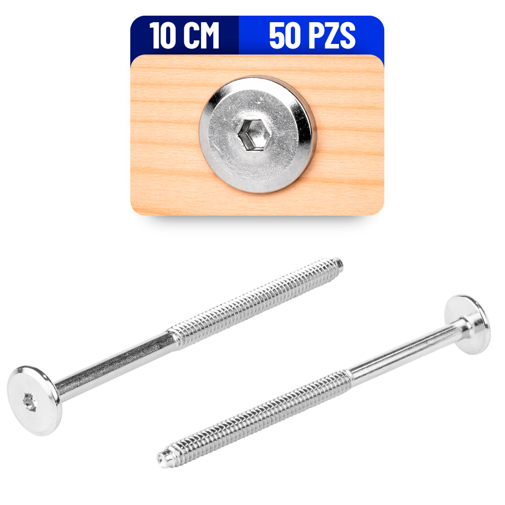 Tornillo Conector Union para Muebles 10 Cm Rosca 1/4 Niquelado 100 Pack