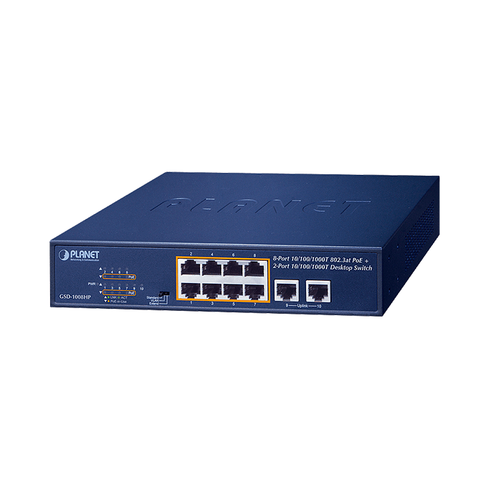 Switch PoE No Administrable 100 m Velocidad 10/100/1000 Mbps 8 Puertos PoE 120 W Uplink 02 Negro GSD-1008HP
