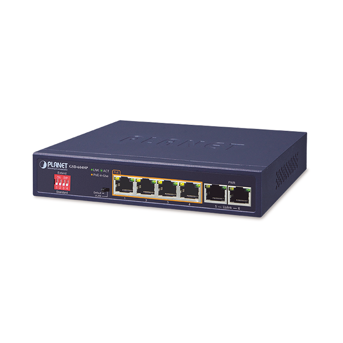 Switch PoE No Administrable 100 m Velocidad 10/100/1000 Mbps 4 Puertos PoE 55 W Uplink 02 Negro GSD-604HP